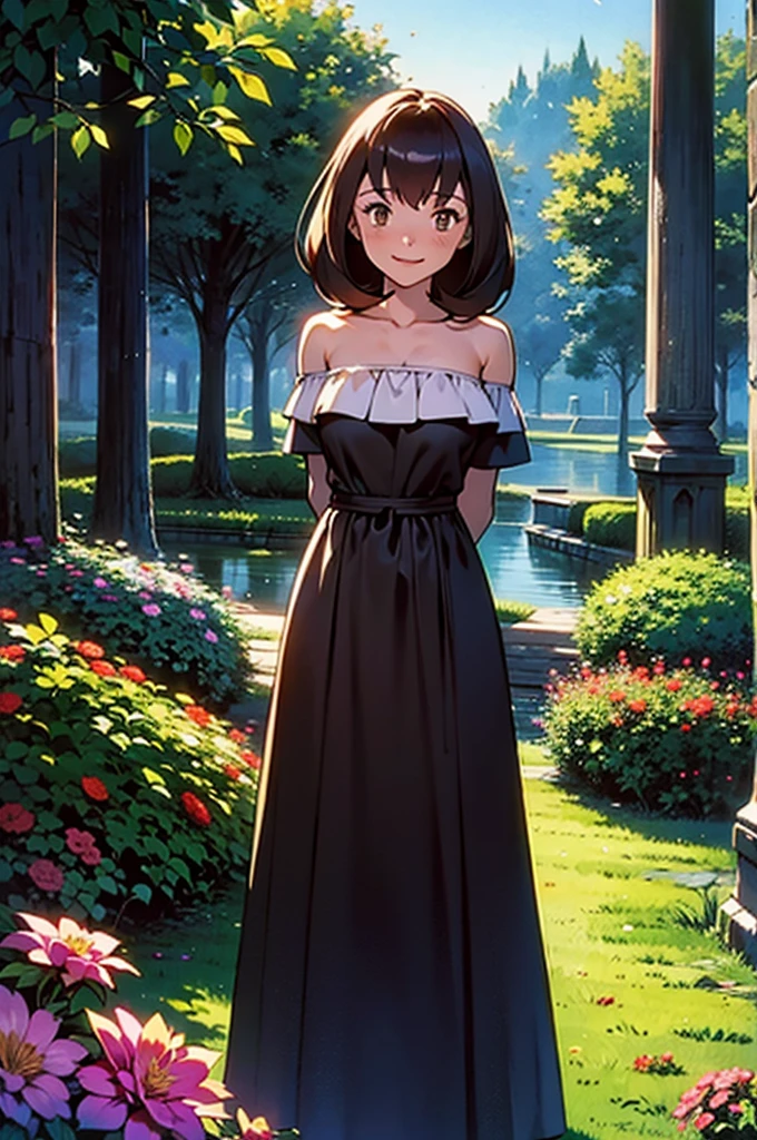 masterpiece, best quality, ultra-detailed, illustration, beautiful detailed eyes, very detailed illustration, cinematic lighting, 1 girl, solo, Pokemon Heroes (Bianca), Brown Hair, brown eyes, bare shoulders, strapless, off shoulders, white ruffle off the shoulder maxi dress, intricate details, sharp focus, high resolution, the background of beautiful garden with a forest of flowers, on a beautiful night, crescent moon, smile, standing near a big lake, arms behind back, anime style, ultra-detailed, hdr, far at the bottom, in the center, Close up
