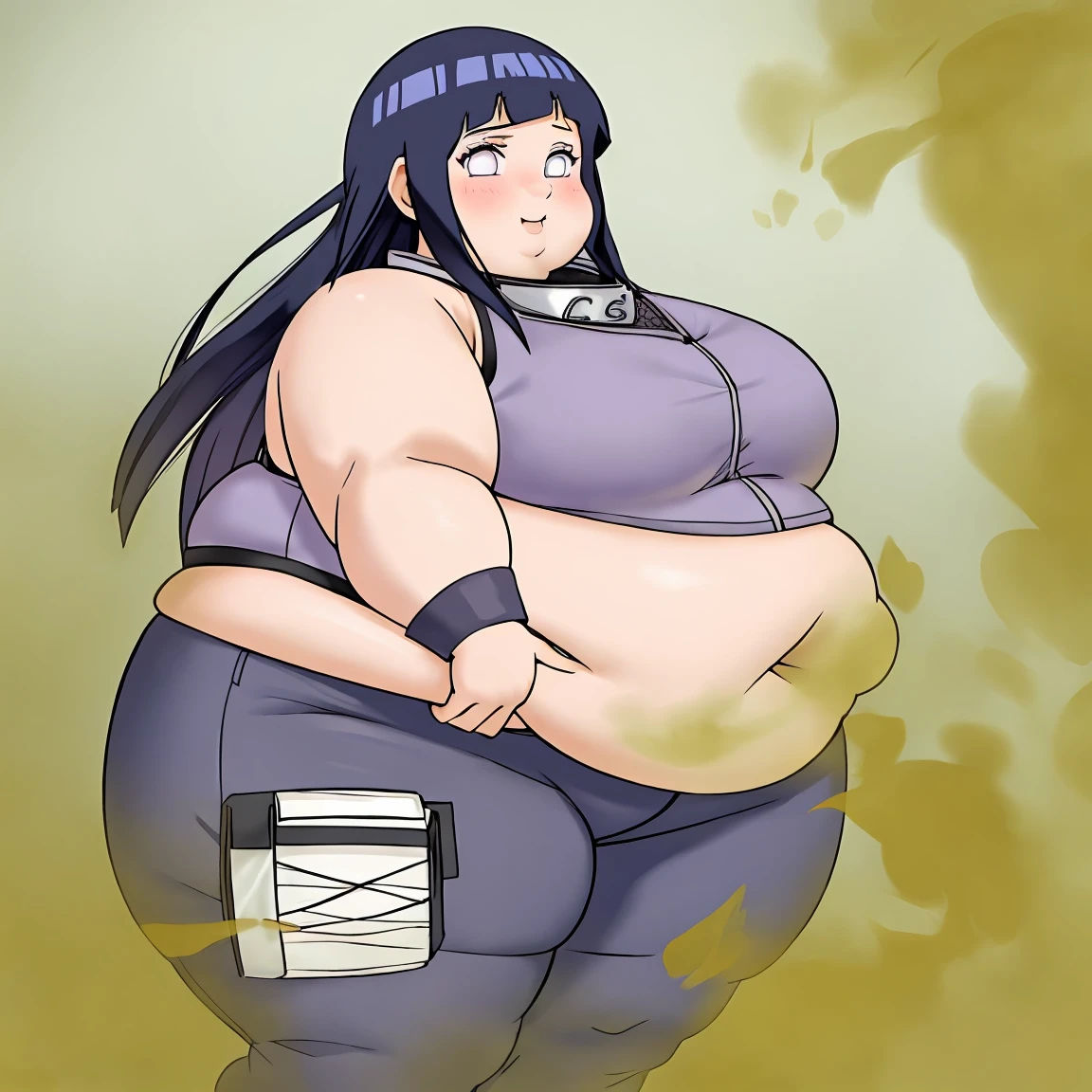 Masterpiece, 4k, highres, high Quality, detailed face, detailed body render, detalhed eyes, obese 1girl, solo, obese hyuuga hinata, hinata-sleeveless-outfit, large breasts, neko ears in head, big breast, sleeveless shirt, fishnet top, no bra, obese belly, thick thighs, fat arms, fat butt, big cheeks, cute and fat face, butt farting, standing