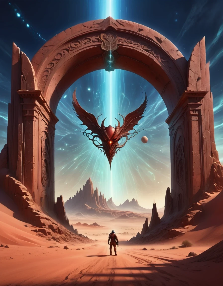 landscape, A piece of scorched earth, red clay, Dimensional gate, demonic energy, Web portals (Purpose), Giant arch with statue, particle, desert, night, Star, Volumetric lighting, best quality, masterpiece, Hand drawn texture, intricate details, actual, write 