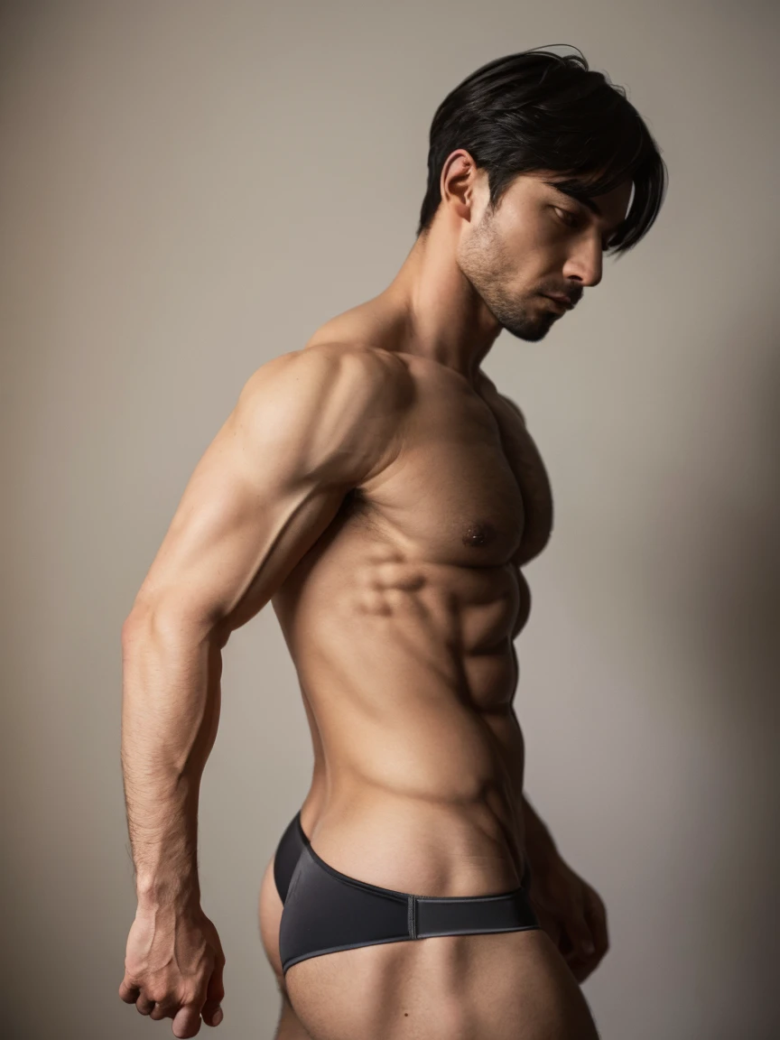 Medium muscular, rabbit, light gray, light gray rabbit, rabbit in jockstrap, underwear, jockstrap, black, Black jockstrap, long ears, from side view, body, sideways, profile body, posing, with short tail, tail, rabbit tail, butt, bunny, bunny tail, anatomy, good anatomy, perfect anatomy, male anatomy, perfect body, bodybuilder pose, By mystikfox61