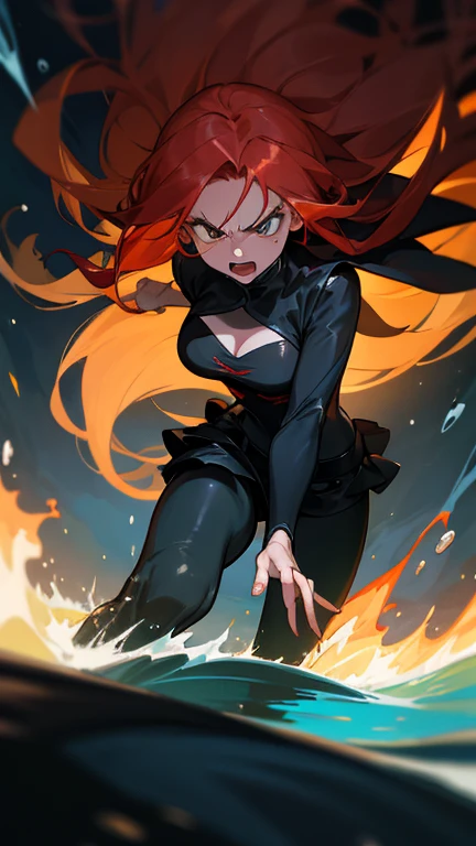 1girl,solo,super detailed skin,shiny skin,wet oily skin,serious face,lips gloss,eyelashes,glowing red eyes,red hair,blunt bangs,sidelocks,a braid,large breasts,body suit,Shinobi clothes,fishnet,standing ,simple background ,fire magically ,fighting stance,masterpiece,best quality,ultra detailed,high resolution,sharp focus,depth of field
