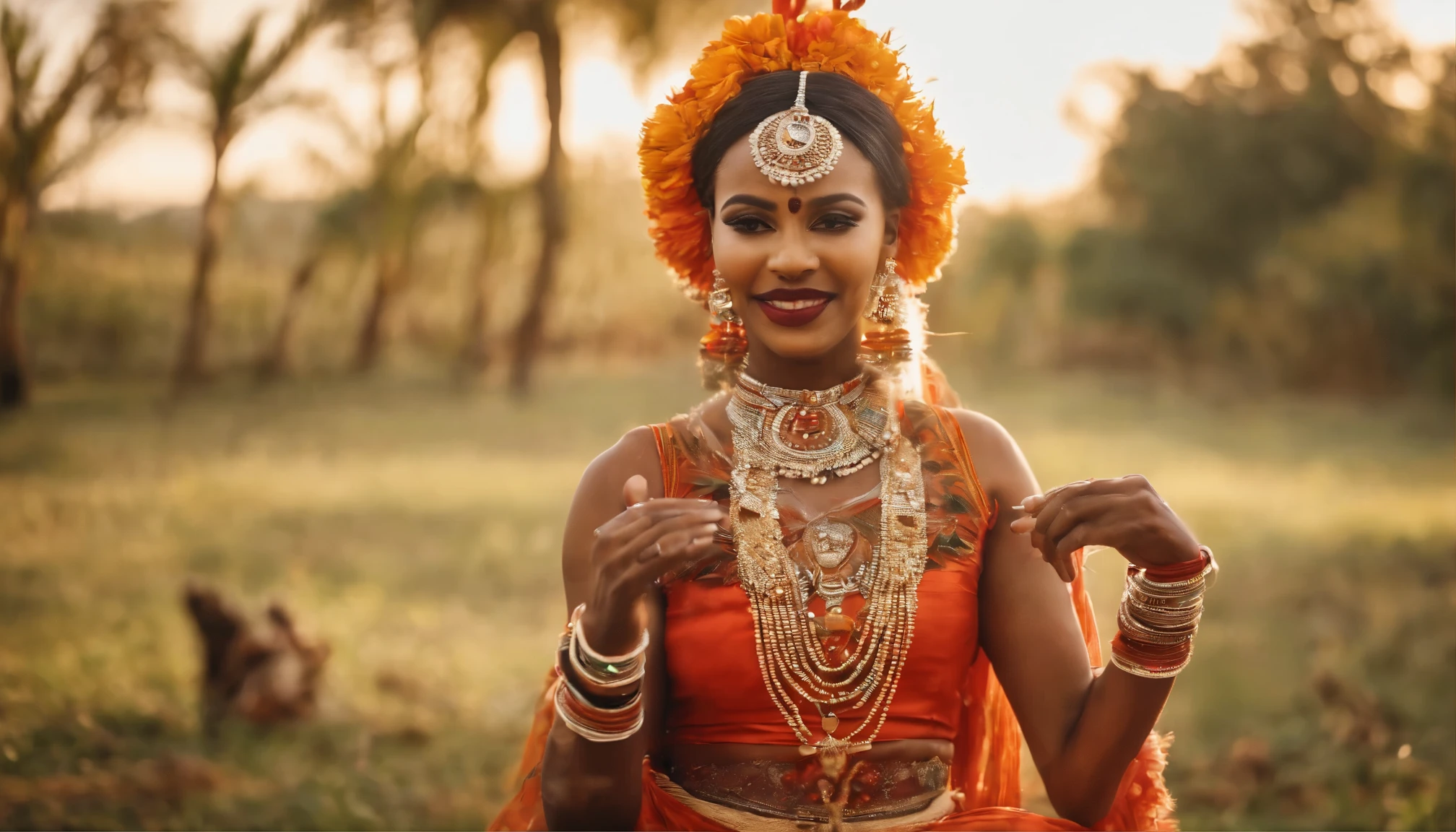 A girl performing Zaouli dance in a vibrant garden, [traditional costumes] [colorful masks], [intricately carved wooden masks] [expressive movements], [energetic and rhythmic music], [dynamic dance choreography], [synchronized group performance], [dramatic facial expressions], [vibrant and detailed outfits], [elaborate headpiece], [striking makeup], [authentic cultural dance], [captivating stage presence], [fluid body movements], [graceful hand gestures], [lively and engaging atmosphere], [festive and joyful celebration], [traditional African dance], [exciting and energetic ambiance], [traditional instruments playing in the background], (best quality, realistic:1.37), [vivid colors], [precision lighting], [high-resolution details], [lifelike portrayal], [immersive experience], [professional level performance], [dynamic and vivid depiction], (HDR, UHD), [captivating visual impact], [detailed facial features].