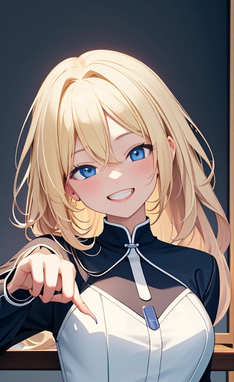 (realistic:1.4、masterpiece、top-quality、8k size wallpaper、offcial art)、(portrait,upper body:1.6)、(1girl),(grin,Open mouth:1.3),(half closed eyes),cute face,blue eyes、(stretch out your index fingers:1.7)、
,(stand),(Shining smile),(exact number of fingers:1.5),
,(slender),(school uniform),(long fluorescence blonde hair1.3), (small breasts)、
、fluorescence、classroom,JK、