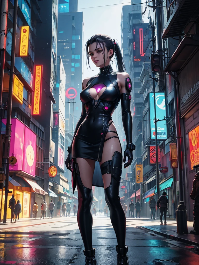 Mulher de 25 anos, com vestido estilo cyberpunk, com fenda, em uma rua de dia a luz do sol. She&#39;s on a cyberpunk street. Corpo inteiro. She has several cybernetic implants throughout her body..
