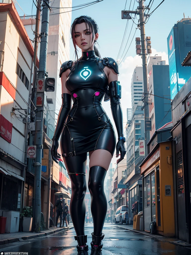 Mulher de 25 anos, com vestido estilo cyberpunk, com fenda, em uma rua de dia a luz do sol. She&#39;s on a cyberpunk street. Corpo inteiro. She has several cybernetic implants throughout her body..
