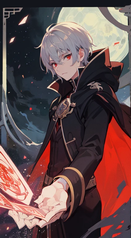 22 year old male, Short silver hair, red eyes, assassin, Black coat cape, prince, Moon, Make it like tarot anime style but without the frame, sharp eyes , Silver short knife, silver energy, silver particles, Scarlet energy, Moonlight Slash