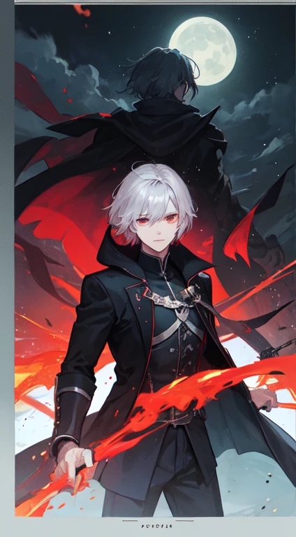 22 year old male, Short silver hair, red eyes, assassin, Black coat cape, prince, Moon, Make it like tarot anime style but without the frame, sharp eyes , Silver short knife, silver energy, silver particles, Scarlet energy, Moonlight Slash