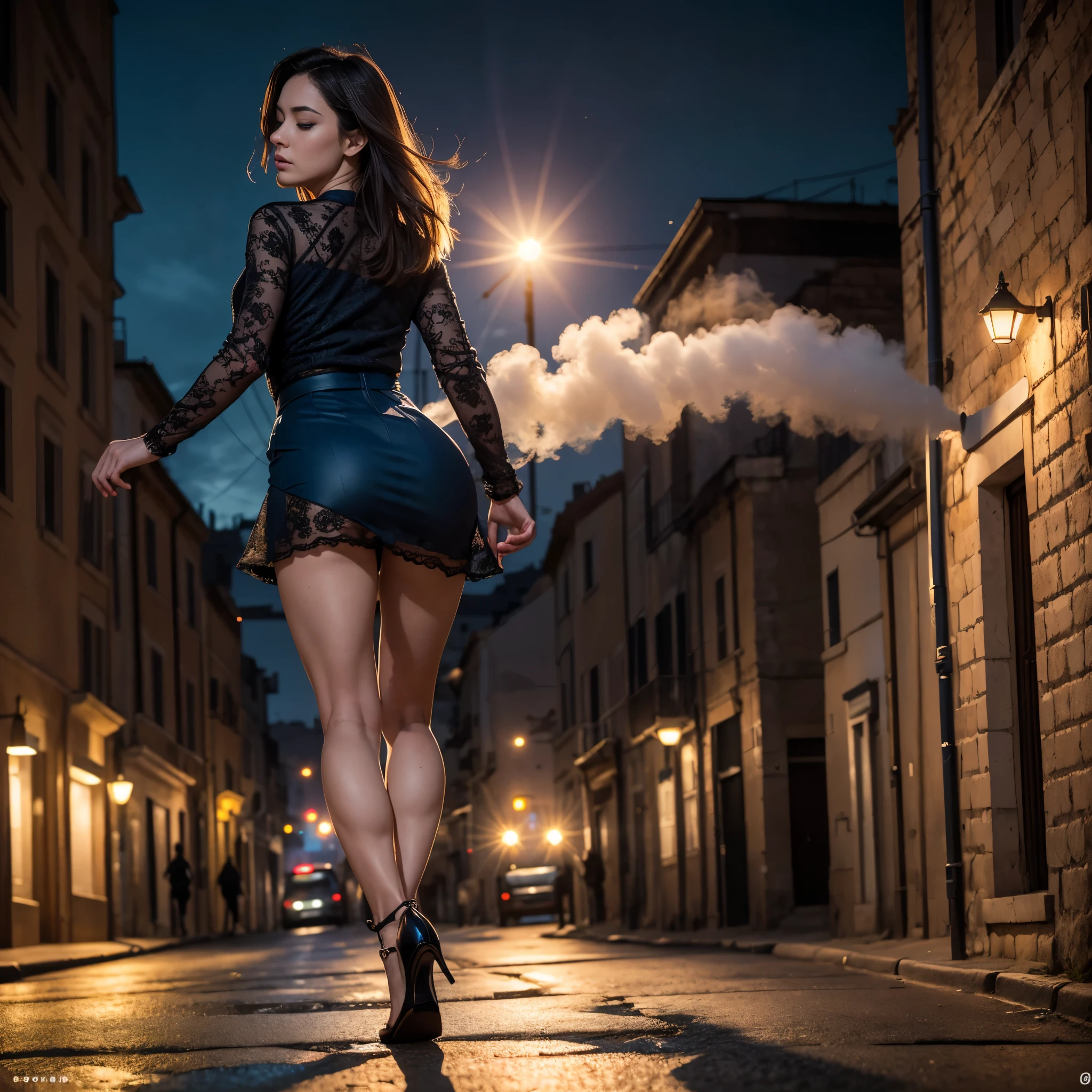 (1woman, full body), a woman is running, woman escapes, (solo woman:1.3), lady wearing a long lacy torn electric blue dress, wind rises her long skirt showing perfect buttocks. she turns her Beautiful face to the viewer, handbag in her hand, realistic hands, high-heels. She runs down Matera streets. sassi_di_matera, tuff walls. City landscape. She escapes from fire and smoke, Beautiful perfect worried face. Closed eyes, cying, slightly open mouth, smooth skin, real pores, (windyupskirt), back view, (woman is running:1.5), best quality, fine details, {{masterpiece, best quality, extremely detailed CG, unity 8k wallpaper, cinematic lighting, lens flare}}. ((extreme detail)), (ultra-detailed), best quality, ultra high res, (8k, RAW photo, masterpiece, realistic, photorealistic:1.4), 8k uhd, dslr, absurdres, ray tracing, high quality texture, intricate details, detailed texture, finely detailed. Dramatic dark lights, night illumination, skirtlift, she is alone in terrific place, fear, low angle