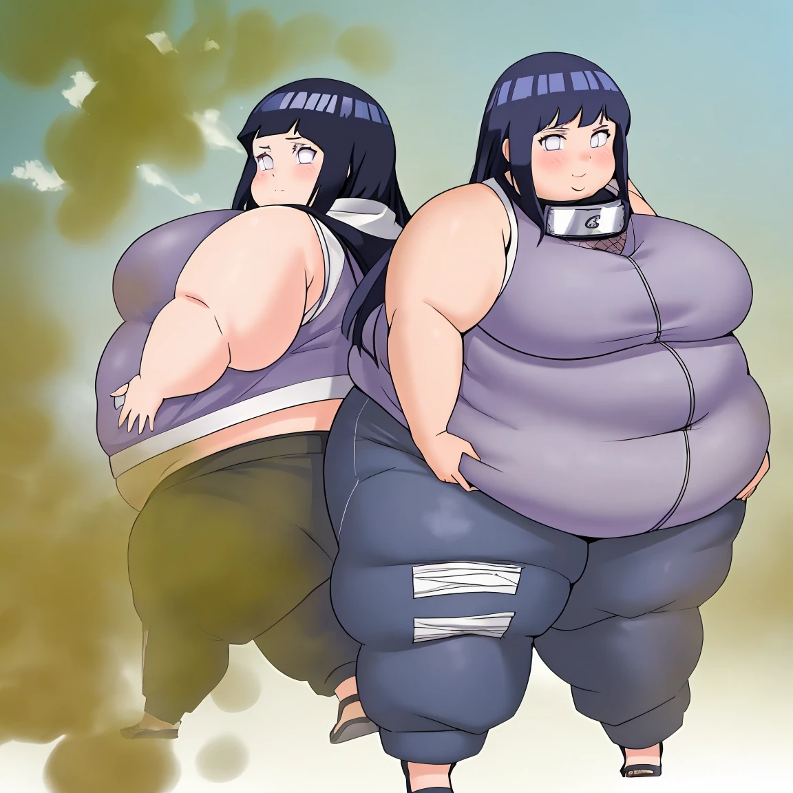 Masterpiece, 4k, highres, high Quality, detailed face, detailed body render, detalhed eyes, obese 1girl, obese hyuuga hinata, hinata-sleeveless-outfit, large breasts, neko ears in head, big breast, sleeveless shirt, fishnet top, obese belly, thick thighs, fat arms, fat butt, big cheeks, cute and fat face, butt farting