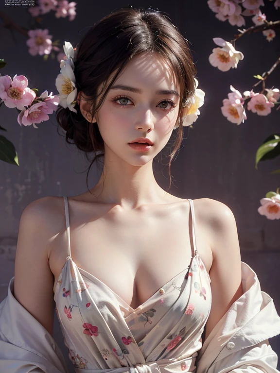 (best quality color photo of a mysterious beautiful woman in floral clothing without hair accessory on a  fashion magazine cover, haute couture fashion shoot:1.2),(An extremely delicate and beautiful work:1.2), elegant pose, glamorous fashion pose, the divine light, with neon lights, grand background, starryskybackground, simple background, art nouveau, focus on art nouveau suit, floral couture, clothes made of flower, luxury fashion,(she is the embodiment of beauty and allure, her clothes are soft and light texture as air, elegant and sophisticated fashion) detailed face, looking at viewer, detailed eyes, black eyes, lustrous lips ,cleavage, Gentle and enigmatic expression, High color saturation, surrealism , (best quality, masterpiece, ultra detailed, ultra high res, photorealistic, raw photo, absurdres, absolutely resolution:1.4),