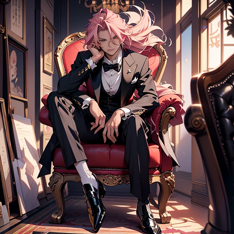 Chinese Male Anime Illustration: A handsome guy with long pink hair flowing in the middle wind, wearing a cool tuxedo and holding a black rose, sits relaxed on a chair in a mysterious, dark love hotel-style space surrounded by cherry blossom trees. The image is of the highest quality, with an ultra high resolution output of 8K and an image mode of Ultra HD, captured by a Nikon camera. The focus is on the beautifully rendered fingers, ensuring their accuracy and detail. The first priority is people first, and the gold accents on the tuxedo and shiny business shoes add an elegant touch. The scene exudes a sense of mystery and allure.