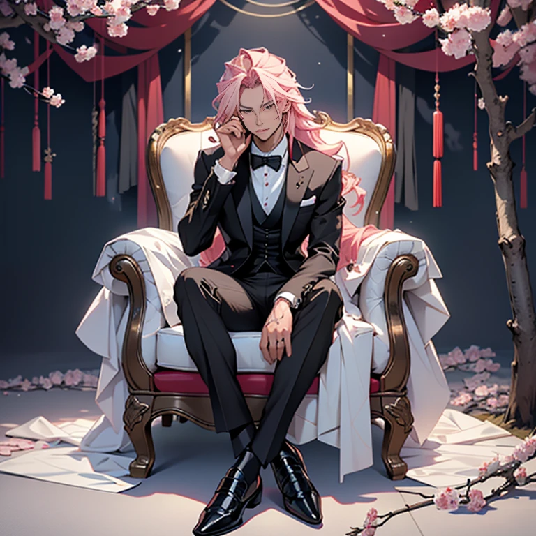 Chinese Male Anime Illustration: A handsome guy with long pink hair flowing in the middle wind, wearing a cool tuxedo and holding a black rose, sits relaxed on a chair in a mysterious, dark love hotel-style space surrounded by cherry blossom trees. The image is of the highest quality, with an ultra high resolution output of 8K and an image mode of Ultra HD, captured by a Nikon camera. The focus is on the beautifully rendered fingers, ensuring their accuracy and detail. The first priority is people first, and the gold accents on the tuxedo and shiny business shoes add an elegant touch. The scene exudes a sense of mystery and allure.