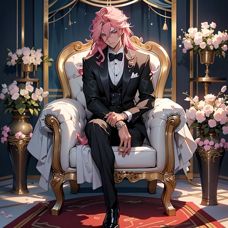 Chinese Male Anime Illustration: A handsome guy with long pink hair flowing in the middle wind, wearing a cool tuxedo and holding a black rose, sits relaxed on a chair in a mysterious, dark love hotel-style space surrounded by cherry blossom trees. The image is of the highest quality, with an ultra high resolution output of 8K and an image mode of Ultra HD, captured by a Nikon camera. The focus is on the beautifully rendered fingers, ensuring their accuracy and detail. The first priority is people first, and the gold accents on the tuxedo and shiny business shoes add an elegant touch. The scene exudes a sense of mystery and allure.