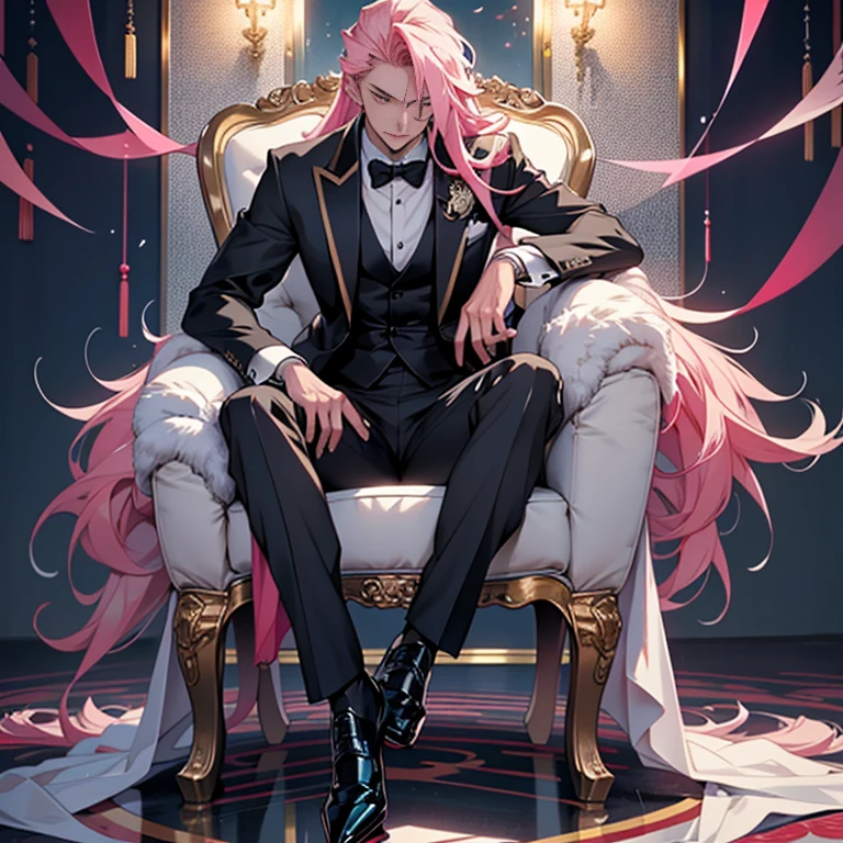 Chinese Male Anime Illustration: A handsome guy with long pink hair flowing in the middle wind, wearing a cool tuxedo and holding a black rose, sits relaxed on a chair in a mysterious, dark love hotel-style space surrounded by cherry blossom trees. The image is of the highest quality, with an ultra high resolution output of 8K and an image mode of Ultra HD, captured by a Nikon camera. The focus is on the beautifully rendered fingers, ensuring their accuracy and detail. The first priority is people first, and the gold accents on the tuxedo and shiny business shoes add an elegant touch. The scene exudes a sense of mystery and allure.