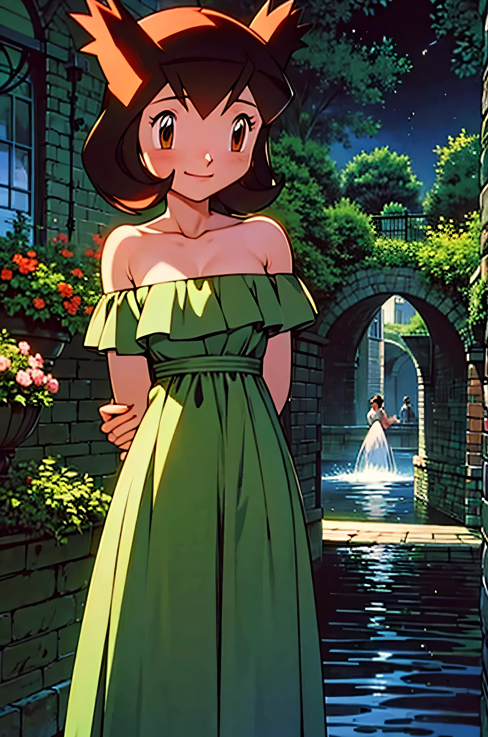 masterpiece, best quality, ultra-detailed, illustration, beautiful detailed eyes, very detailed illustration, cinematic lighting, 1 girl, solo, Pokemon Heroes (Bianca), Brown Hair, brown eyes, bare shoulders, strapless, off shoulders, white ruffle off the shoulder maxi dress, intricate details, sharp focus, high resolution, the background of beautiful garden with a forest of flowers, on a beautiful night, crescent moon, smile, standing near a big lake, arms behind back, anime style, ultra-detailed, hdr, far at the bottom, in the center, Close up