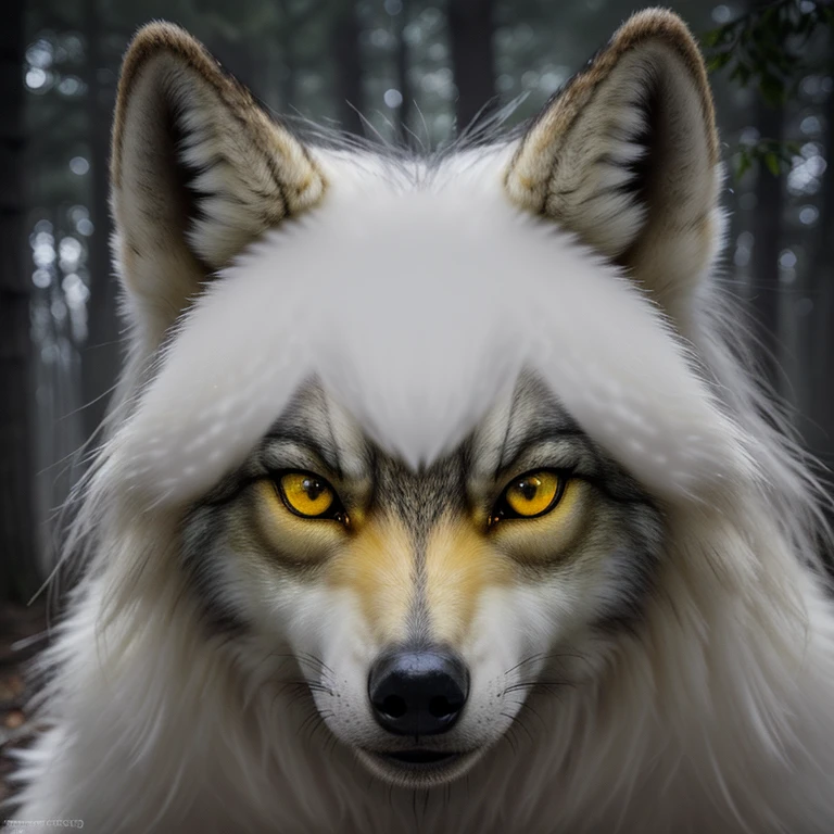 Quadruped animal wolf with white fur with yellow eyes looking straight at the viewer on a foggy forest background at night