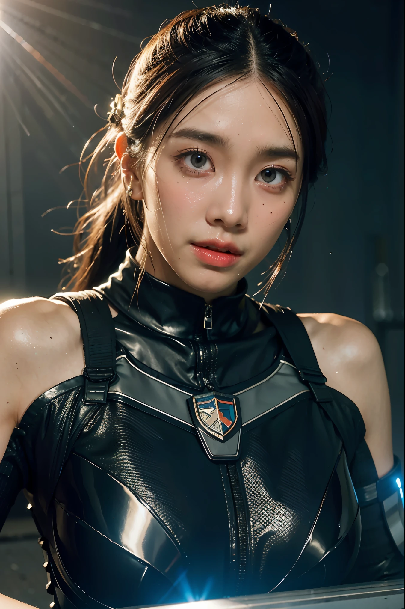 Game art，The best picture quality，Highest resolution，8K，(A bust photograph)，(A bust:1.5)，(Portrait)，(Head close-up)，(Rule of thirds)，Unreal Engine 5 rendering works， (The Girl of the Future)，(Female Warrior)， 20-year-old girl，An eye rich in detail，(Big breasts)，Elegant and noble，indifferent，brave， (Future style combat suit combining the characteristics of ancient armor，Ancient runes of light，Combat accessories with rich detailetallic luster)，Future police，cyberpunk characters， photo poses，simple background，Movie lights，Ray tracing，Game CG，((3D Unreal Engine))，OC rendering reflection pattern