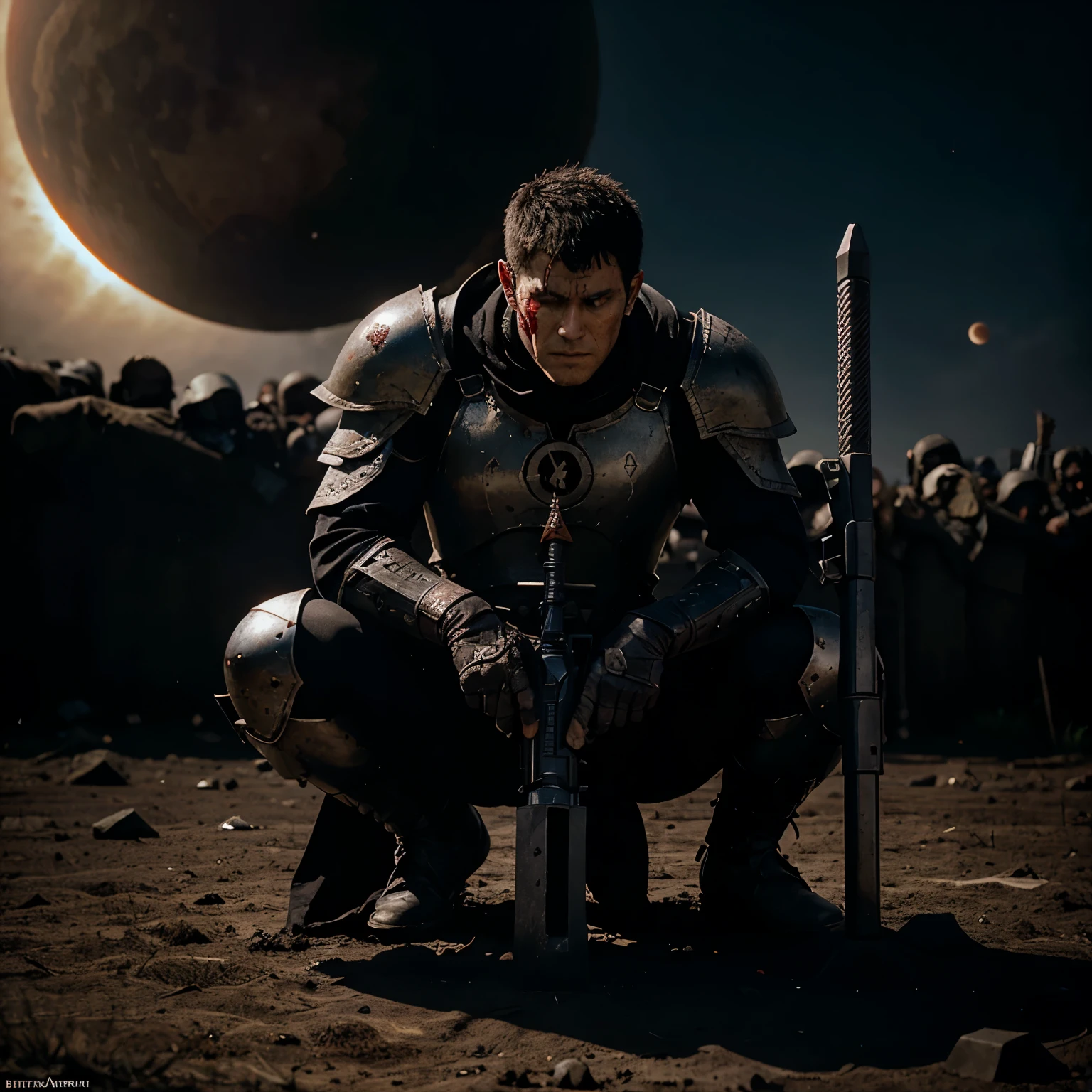 berserk guts, on a plain, while an eclipse happens, with his black armor, crouched holding a sniper, aiming with one eye, ready to shoot, and with the symbol on his bleeding neck, and on the ground where his feet are, symbols of red rituals shining