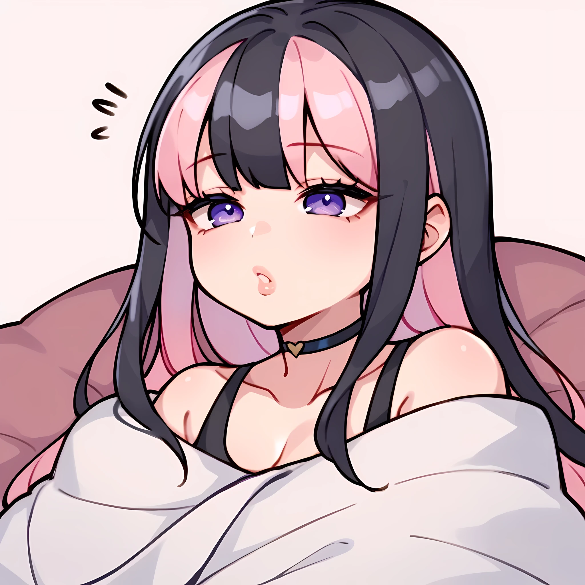 score_9, score_8_up, score_7_up, 1girl, tired, sleepy, blanket, wrap blanket, yawn, ((portrait)), illustration, ((2d)), ((curvy)), ((twitch emote)), (((cute face))), long hair, bangs, black pink hair, ((black and pink hair)), ((black hair)), gorgeous purple eyes, big eyes, anime eyes, eyeliner, long lashes, soft and full lips, choker, jewelry, crop top, (Jelly Art Style:0.2), ((anime style:0.8)), (((white background))), twitch emote,