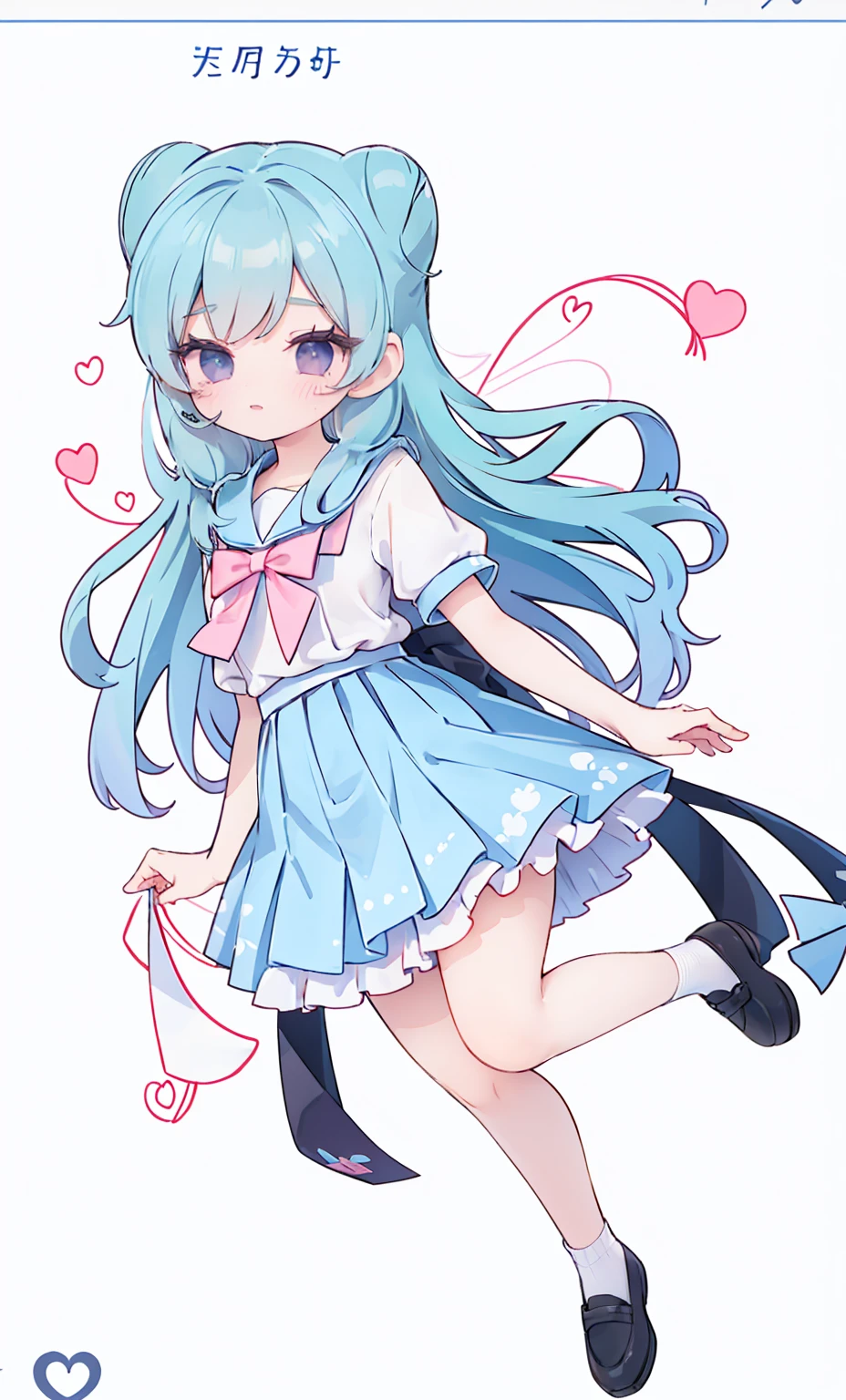 masterpiece, best quality, high resolution, aabeta, double, white simple background, standing, slim waist, cute, sailor uniform, pink bow tie, blue skirt, (PastelColors: 1.3), full body