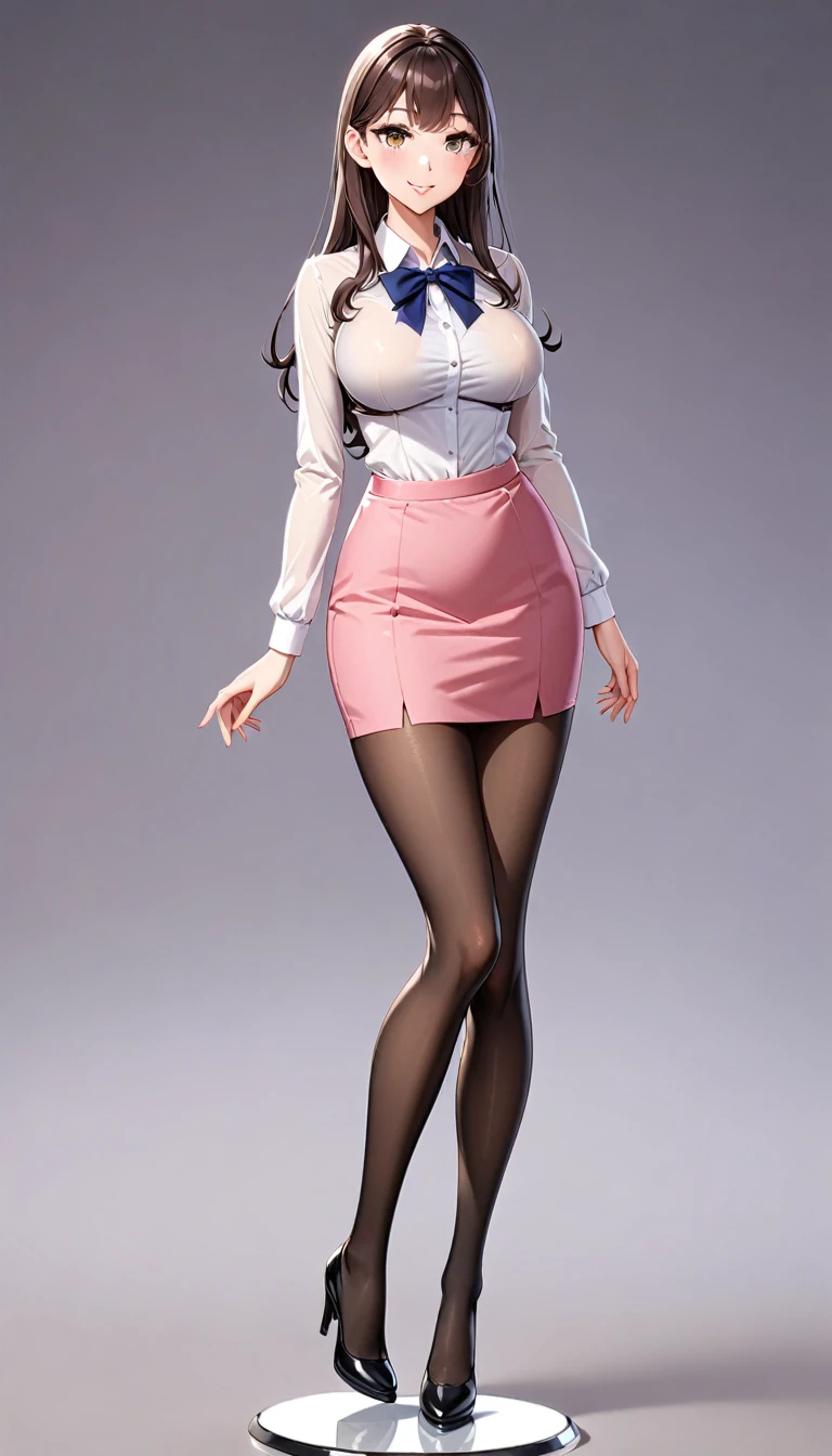 ,White shirt top,Pink hip skirt,OL,white collar,Larger bust,Smile,Exquisite and beautiful face,thin legs,tight skirt,Real human skin,high school girls,whole body像, Excellent breasts, Superb figure, black, Transparent,whole body,stockings,
