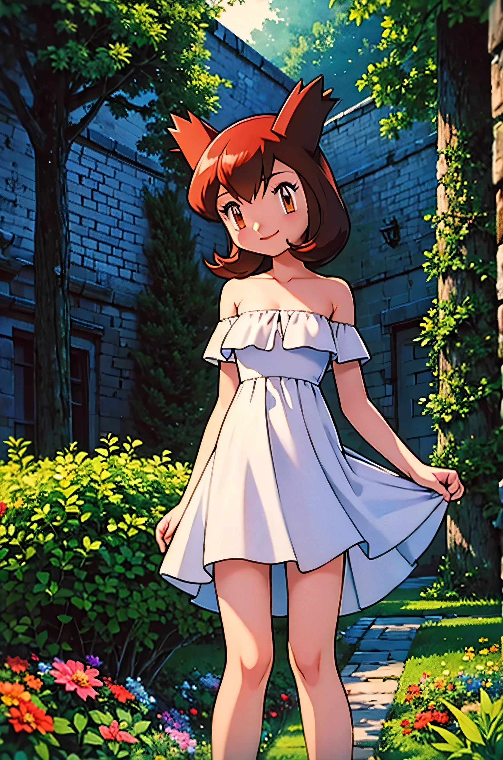 masterpiece, best quality, ultra-detailed, illustration, beautiful detailed eyes, very detailed illustration, cinematic lighting, 1 girl, solo, Pokemon Heroes (Bianca), Brown Hair, brown eyes, bare shoulders, strapless, off shoulders, white ruffle off the shoulder maxi dress, intricate details, sharp focus, high resolution, the background of beautiful garden with a forest of flowers, on a beautiful night, crescent moon, smile, standing near a big lake, one arm behind back, anime style, ultra-detailed, hdr, far at the bottom, in the center, Close up
