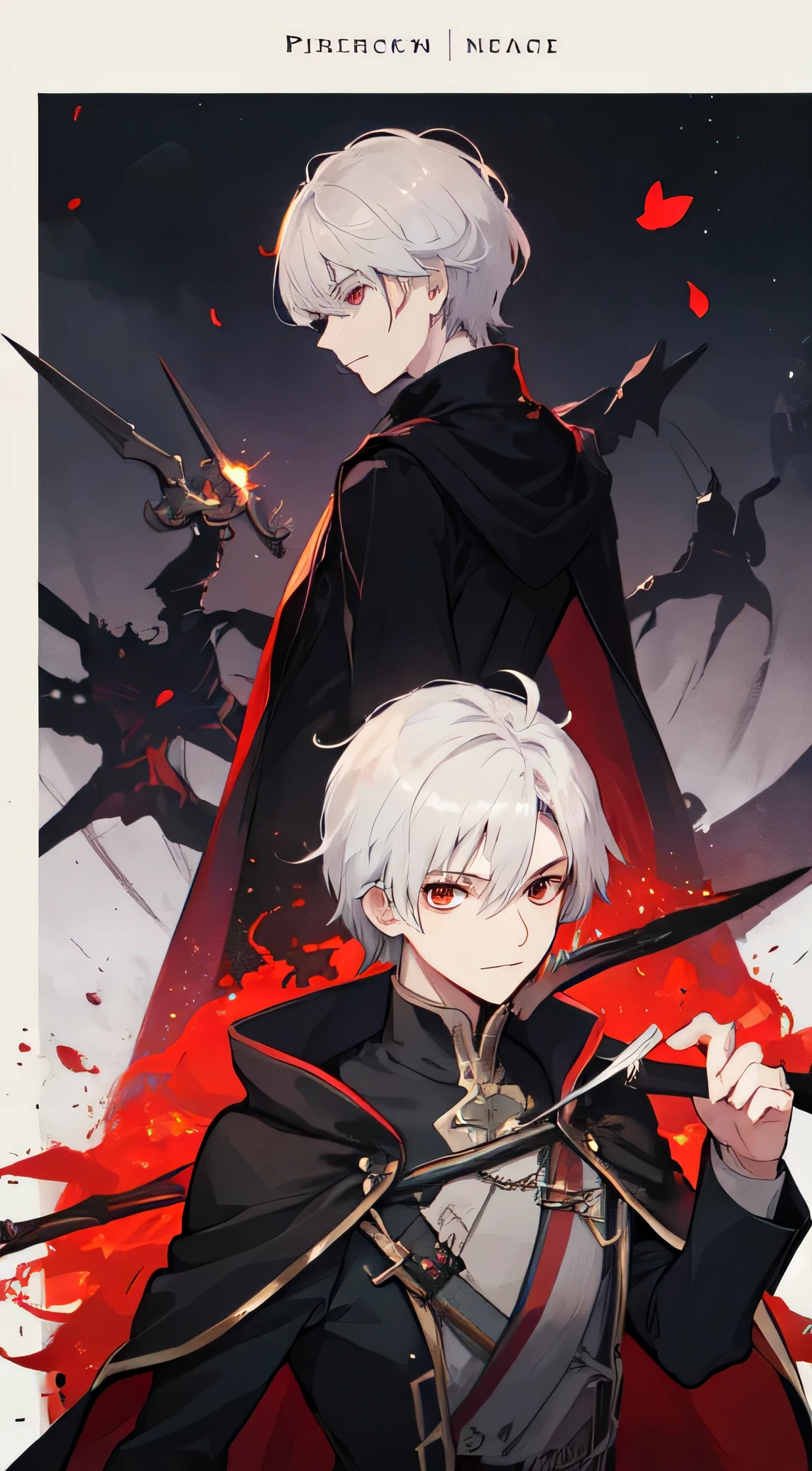 22 year old male, Short silver hair, red eyes, assassin, Black coat cape, prince, Moon, Make it like tarot anime style but without the frame, sharp eyes , Silver short knife, silver energy, silver particles, Scarlet energy, Moonlight Slash
