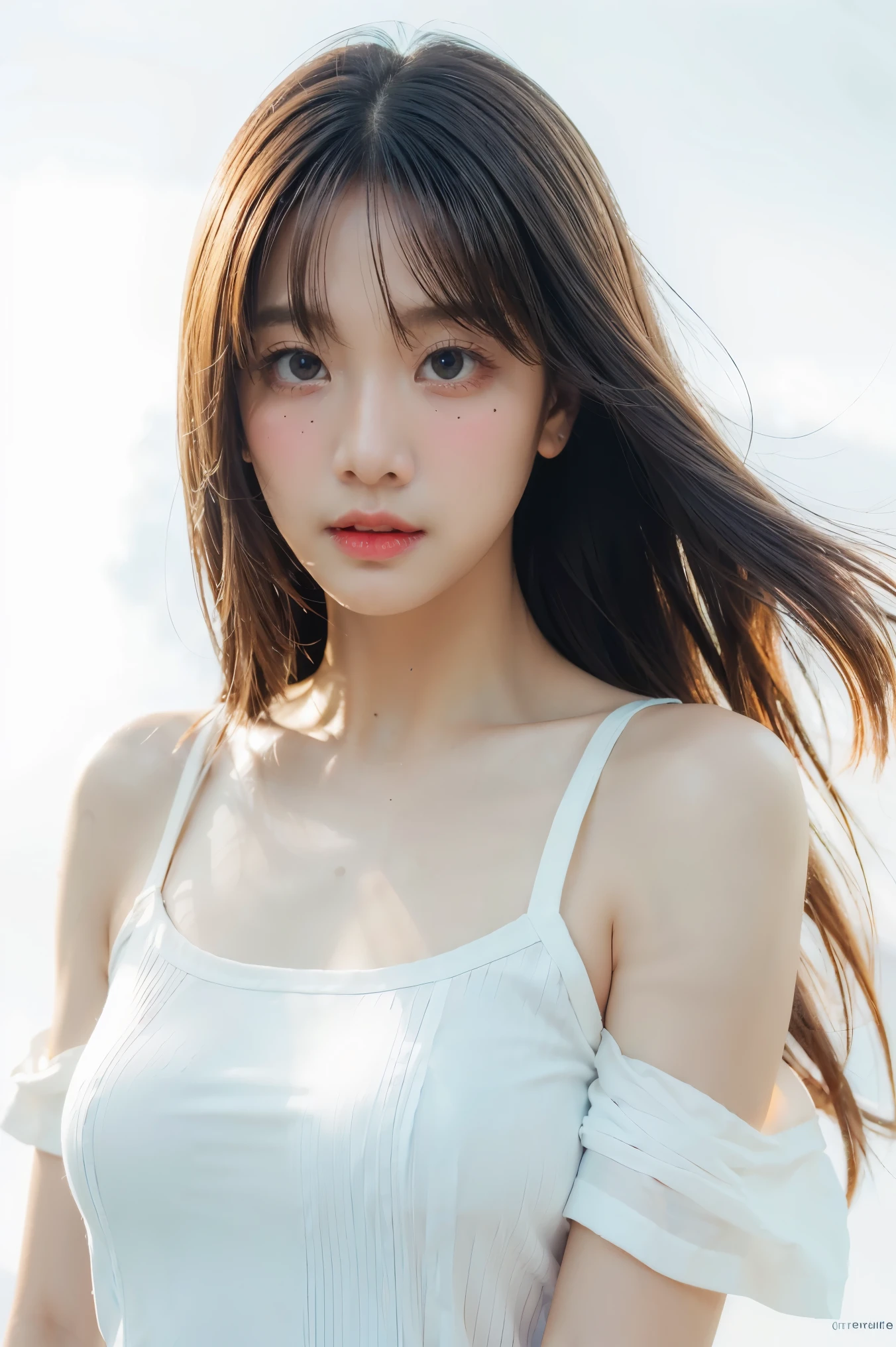 1girl, long hair, White top, (white background:1.2), from front, standing, (soft lighting:1.2), shot on Canon EOS 5D, BREAK
(upper body:1.2), , best quality, ultra high res, (photorealistic:1.4), masterpiece, real-life skin, hyper real, perspective, detailed beautiful eyes and detailed face,   