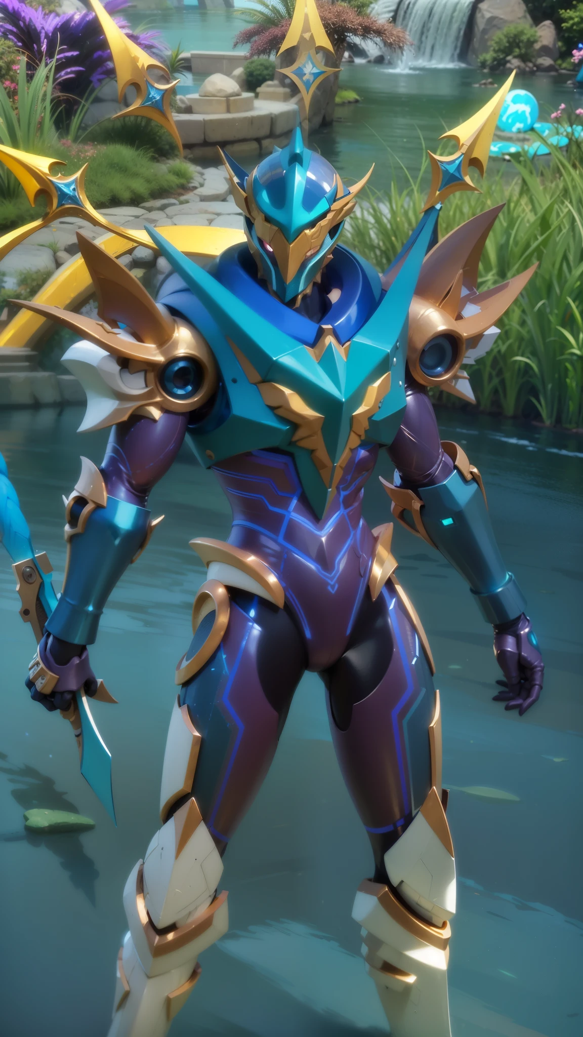 a close up of a person in a costume with a sword, sliver ice color reflected armor, draconic looking armor, energetic varia suit, cyber fight armor, intricate assasin mecha armor, tane skin, epic paladin armor, chrome outfit, water armor, shiny hi tech armor, clothed in ethereal battle armor, scarab reploid, shiny armor, 8k, ultra hd, ultra detailed texture, hyper realistic, masterpiece, detailed texture, detailed face, detailed skin, detailed lighting, (photorealistic:1.5), best quality, beautiful lighting, cinematic lighting, professional lighting, ultra highres, realistic, high quality, (realskin:1.5), extremely detailed, finely detail, ultra-detailed