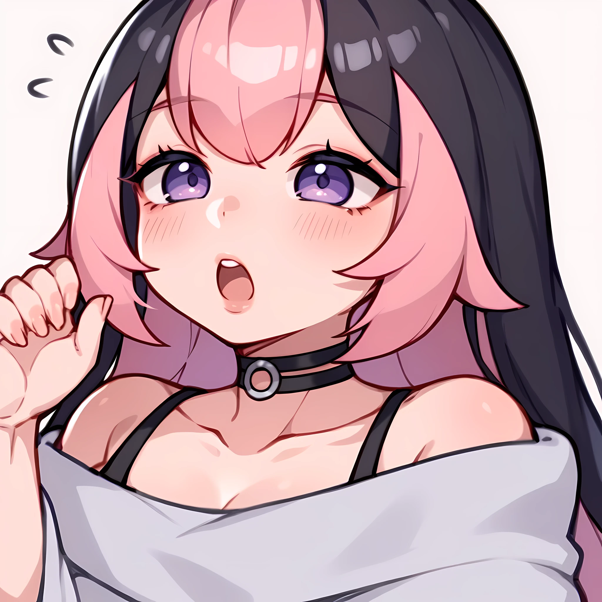 score_9, score_8_up, score_7_up, 1girl, tired, sleepy, blanket, wrap blanket, yawn, ((portrait)), illustration, ((2d)), ((curvy)), ((twitch emote)), (((cute face))), long hair, bangs, black pink hair, ((black and pink hair)), ((black hair)), gorgeous purple eyes, big eyes, anime eyes, eyeliner, long lashes, soft and full lips, choker, jewelry, crop top, (Jelly Art Style:0.2), ((anime style:0.8)), (((white background))), twitch emote,