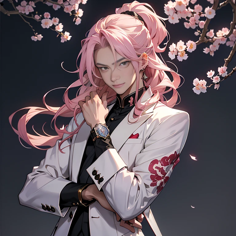 Chinese male illustration in an anime style, featuring a handsome guy with long pink hair blowing gently in the middle wind. His expressive eyes are as dark as a rose, framed by a cool tuxedo that suits him perfectly. Leaning confidently against a wall, he gazes intently at the camera with a relaxed, beautiful smile. The background is a mysterious, highest quality, ultra high resolution image of a love hotel-style space adorned with cherry blossoms and their trees, casting an air of intrigue. With meticulously detailed fingers, this beautiful, young male figure exudes an allure that captivates. The first priority in this artwork is to ensure the fingers are right and accurate.