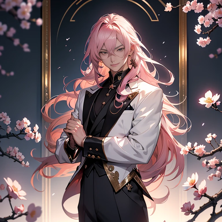Chinese male illustration in an anime style, featuring a handsome guy with long pink hair blowing gently in the middle wind. His expressive eyes are as dark as a rose, framed by a cool tuxedo that suits him perfectly. Leaning confidently against a wall, he gazes intently at the camera with a relaxed, beautiful smile. The background is a mysterious, highest quality, ultra high resolution image of a love hotel-style space adorned with cherry blossoms and their trees, casting an air of intrigue. With meticulously detailed fingers, this beautiful, young male figure exudes an allure that captivates. The first priority in this artwork is to ensure the fingers are right and accurate.