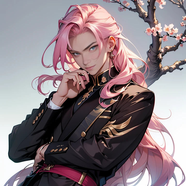 Chinese male illustration in an anime style, featuring a handsome guy with long pink hair blowing gently in the middle wind. His expressive eyes are as dark as a rose, framed by a cool tuxedo that suits him perfectly. Leaning confidently against a wall, he gazes intently at the camera with a relaxed, beautiful smile. The background is a mysterious, highest quality, ultra high resolution image of a love hotel-style space adorned with cherry blossoms and their trees, casting an air of intrigue. With meticulously detailed fingers, this beautiful, young male figure exudes an allure that captivates. The first priority in this artwork is to ensure the fingers are right and accurate.