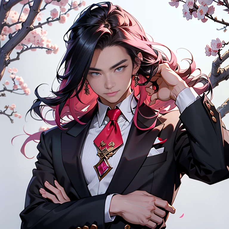 Chinese male illustration in an anime style, featuring a handsome guy with long pink hair blowing gently in the middle wind. His expressive eyes are as dark as a rose, framed by a cool tuxedo that suits him perfectly. Leaning confidently against a wall, he gazes intently at the camera with a relaxed, beautiful smile. The background is a mysterious, highest quality, ultra high resolution image of a love hotel-style space adorned with cherry blossoms and their trees, casting an air of intrigue. With meticulously detailed fingers, this beautiful, young male figure exudes an allure that captivates. The first priority in this artwork is to ensure the fingers are right and accurate.