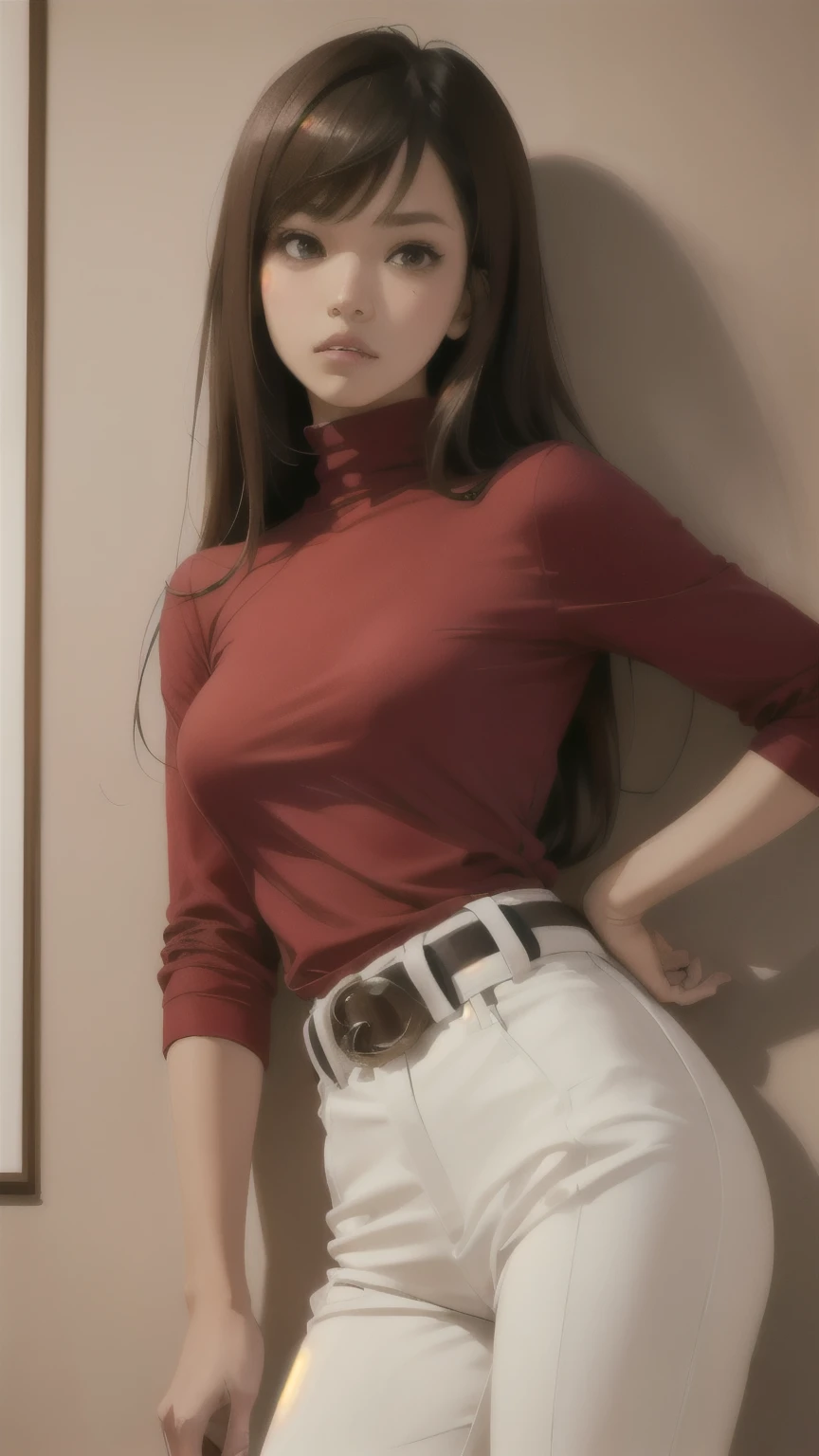kurisu makise steins gate anime, atmospheric, elegant portrait, super highly detailed, professional digital painting, artstation, concept art, 8k, art by wlop, artgerm and alphonse mucha and eiichiro oda shinkai makoto vibrant Studio ghibli kyoto animation hideaki anno Sakimichan Stanley Artgerm Lau Rossdraws James Jean Marc Simonetti, Beautiful woman, light brown hair, light brown eyes, red turtleneck shirt, white pants, black belt, makeup, top-down view, 2d background, impeccable posture, master piece, super detail, attitude, 40 year old woman, strong expression, attitude