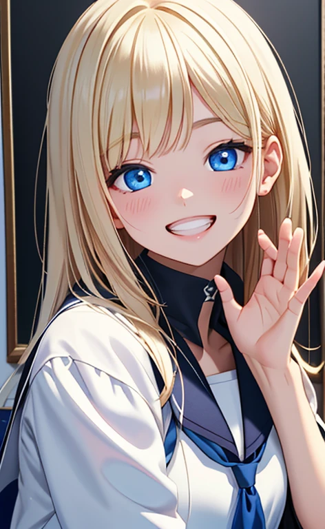 (realistic:1.4、masterpiece、top-quality、8k size wallpaper、offcial art)、(portrait,upper body:1.6)、(1girl),(grin,Open mouth:1.3),(half closed eyes),cute face,blue eyes、(outstretched hand:1.3)、
,(stand),(Shining smile),
,(slender),(school uniform),(long fluorescence blonde hair1.3), (small breasts)、
、fluorescence、classroom,JK、