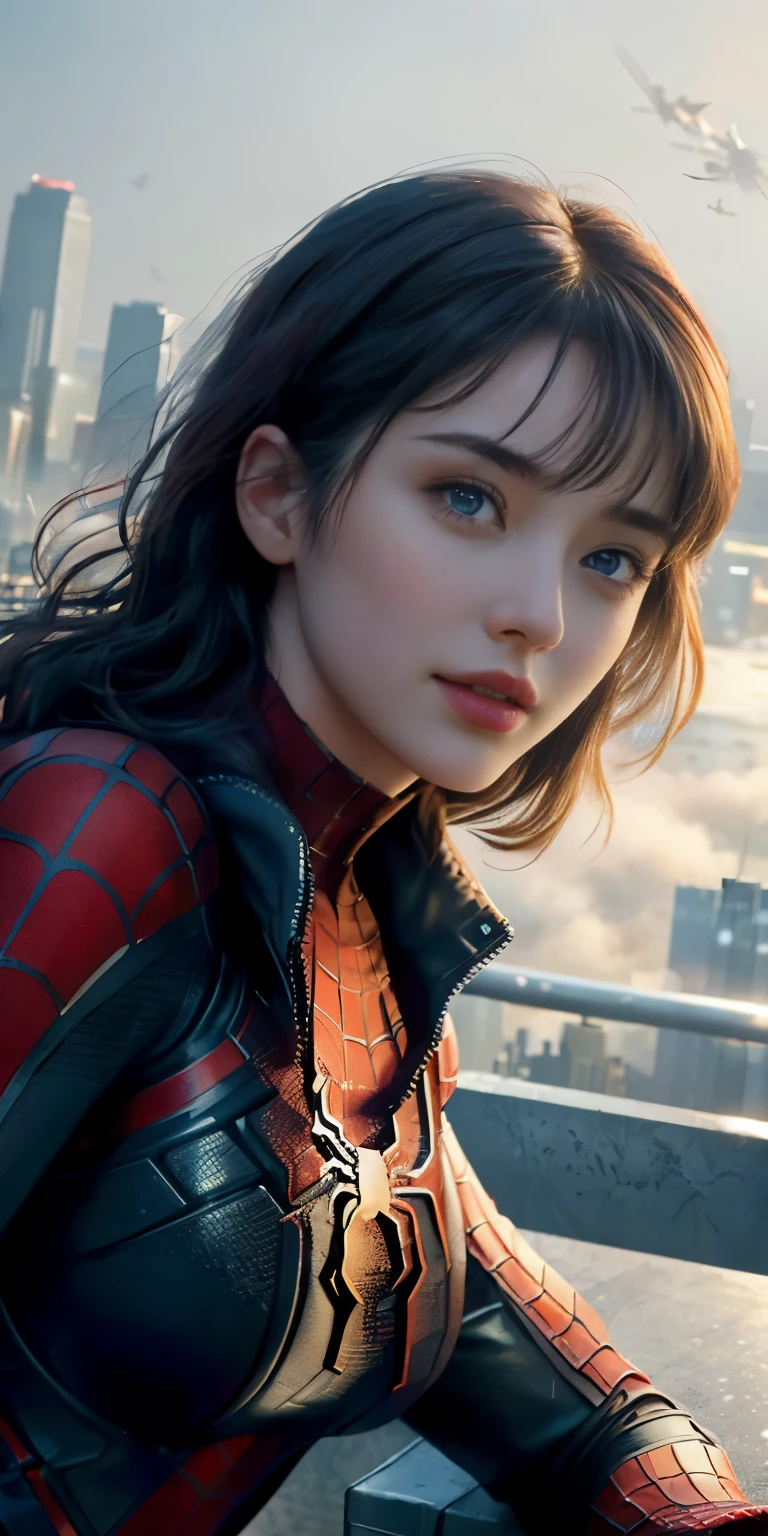 (1girl:1.3), Solo, (((Very detailed face)))), ((Very detailed eyes and face)))), Beautiful detail eyes, Body parts__, Official art, Unified 8k wallpaper, Super detailed, beautiful and beautiful, beautiful, masterpiece, best quality, original, masterpiece, super fine photo, best quality, super high resolution, realistic realism, sunlight, full body portrait, amazing beauty, dynamic pose, delicate face, vibrant eyes, (from the front), She wears Spider-Man suit, red and black color scheme, spider, very detailed city roof background, rooftop, overlooking the city, detailed face, detailed complex busy background, messy, gorgeous, milky white, highly detailed skin, realistic skin details, visible pores, clear focus, volumetric fog, 8k uhd, DSLR, high quality, film grain, fair skin, photo realism, lomography, futuristic dystopian megalopolis, translucent