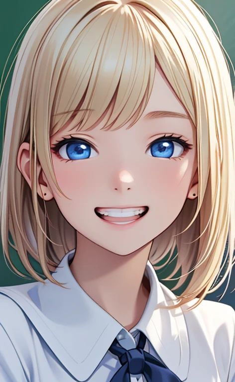 (realistic:1.4、masterpiece、top-quality、8k size wallpaper、offcial art)、(portrait,upper body:1.6)、(1girl),(grin,Open mouth:1.3),(half closed eyes),cute face,blue eyes、(outstretched hand:1.3)、
,(stand),(Shining smile),
,(slender),(school uniform),(long fluorescence blonde hair1.3), (small breasts)、
、fluorescence、classroom,JK、