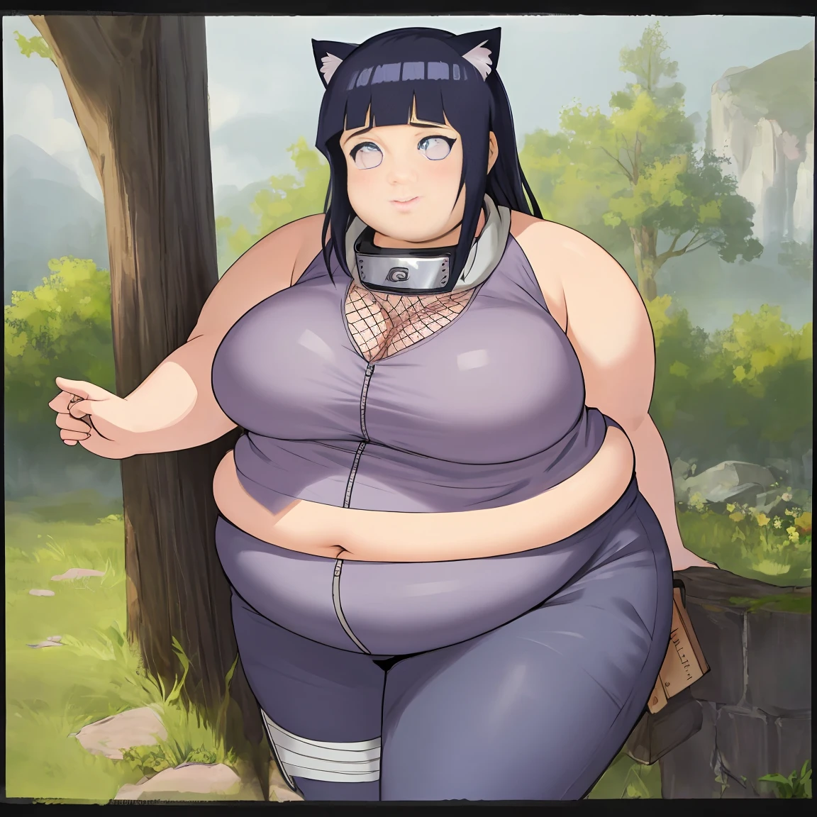 Masterpiece, 4k, highres, high Quality, detailed face, detailed body render, detalhed eyes, chubby 1girl, chubby hyuuga hinata, hinata-sleeveless-outfit, large breasts, neko ears in head, big breast, sleeveless shirt, fishnet top, chubby belly, thick thighs, fat arms, fat butt, big cheeks, cute and fat face