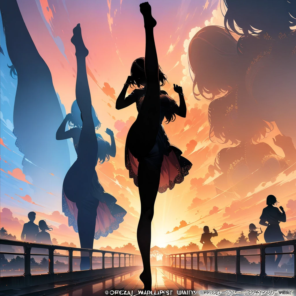 (masterpiece, best quality:1.2), 1girl, solo,standing_split, 
Silhouette Art of 1girl, multiple exposure, sunset, enhance, intricate, (best quality, masterpiece, Representative work, official art, Professional, unity 8k wallpaper:1.3)
