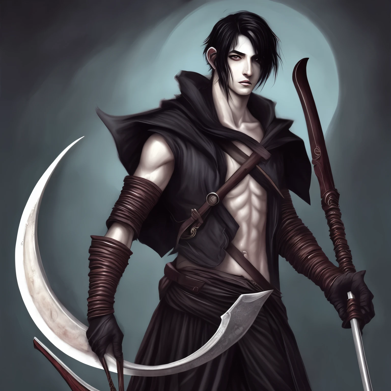 Make a male character with black hair, olhos vermelhos, orelhas de lobo, uma cicatriz na bochecha, vestindo roupas de assassino, holding two one-handed scythes shaped like a crescent moon and using powers to control shadows. Estilo de arte de mangas