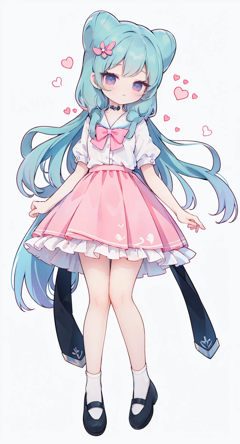 masterpiece, best quality, high resolution, aabeta, double, white simple background, standing, slim waist, cute, sailor uniform, pink bow tie, blue skirt, long socks, (PastelColors: 1.3), full body