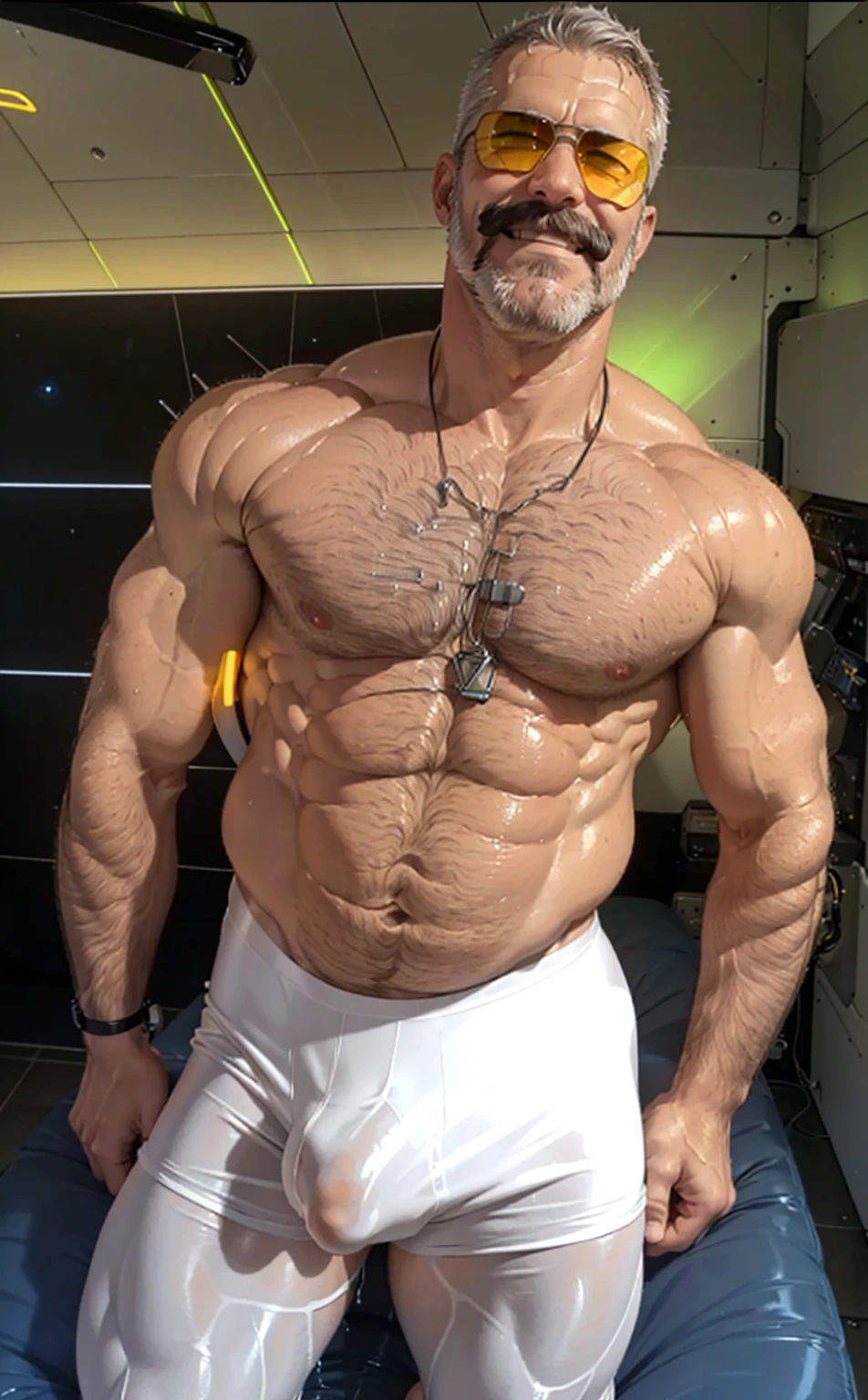 full body portrait, strong burly hairy mature older man(space captain), wearing futuristic captain's uniform insignia (neon and black) (open and revealing) (latex) , gray hair, reflective sunglasses (neon yellow rims), broad shoulders, round belly, thick feet, bulging micro thong, barefoot, scifi spaceship captain uniform, neon lights, best quality elegant masterpiece, face looks like Tom Selleck (Magnum PI) , military buzzcut, dark mustache, gray stubble, latex, wearing a latex thong, big bulging crotch, futuristic gear equipment, wearing see through plastic chest armor (neon yellow and electric blue), wearing neon yellow see through chest armor, wearing electric blue latex chaps(see-through) , wearing cool neon sneakers,in spaceship cockpit, lying in spaceship sleeping quarters(bed) (view from above), smiling with teeth showing, nicebulge, waiting in bed, glowing armor, legs up(!) and spread(!) , big muscle ass, wet and dripping ass, visible asshole(!) , wet asshole, hairy pecs, thick long legs, silver hair, big dick, dick bulge