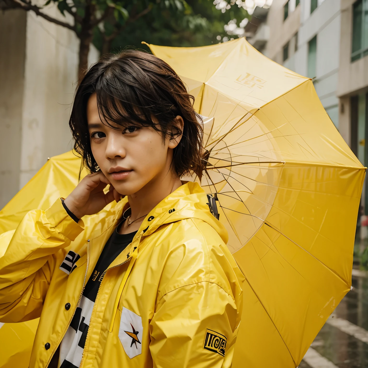 Jimin do BTS com um guarda-chuva amarelo