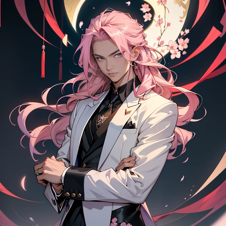 Chinese male illustration in anime style, with long pink hair flowing in the middle wind, showcases a handsome guy holding a black rose against a cool tuxedo. He gazes confidently into the camera, standing in a dimly lit room filled with the mystery of cherry blossoms and cherry blossom trees. This highest quality, ultra high resolution output image is in 8K quality and Image mode Ultra HD, captured by a Nikon. The whole body is depicted from the front, emphasizing beautiful fingers and the first priority being to get them right and accurate. This man's main love is the black rose, and the tuxedo suits him well, along with his long legs and shiny business shoes