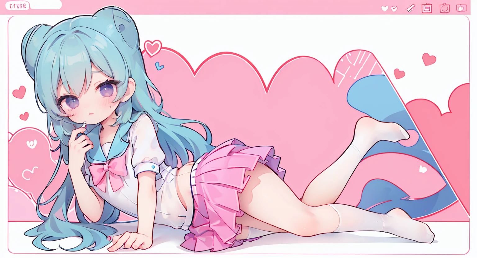 masterpiece, best quality, high resolution, aabeta, double, white simple background, standing, slim waist, cute, sailor uniform, pink bow tie, blue skirt, long socks, (PastelColors: 1.3), full body, lying on your stomach, moving your legs up