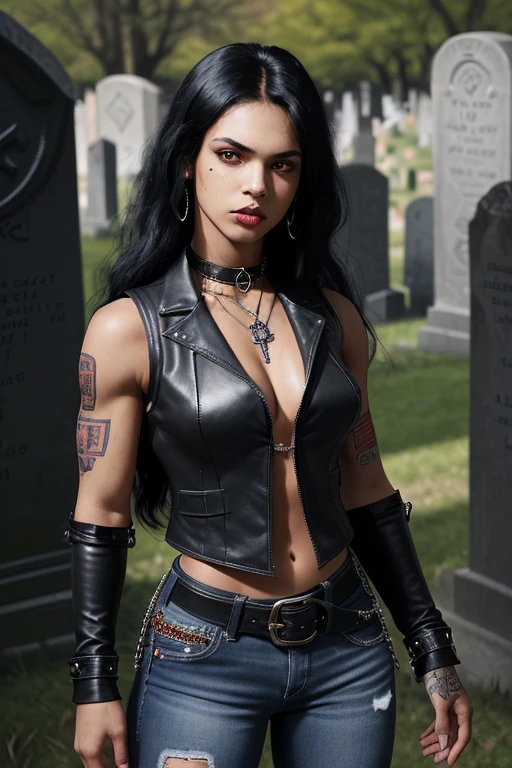 20-year-old Latin girl, long punk black hair, light skin, slim complexion, muscular, red blouse, black leather vest, blue jeans, looking straight at the viewer in the background of a cemetery, black belt with vampire-shaped buckle, Viking rune medallion