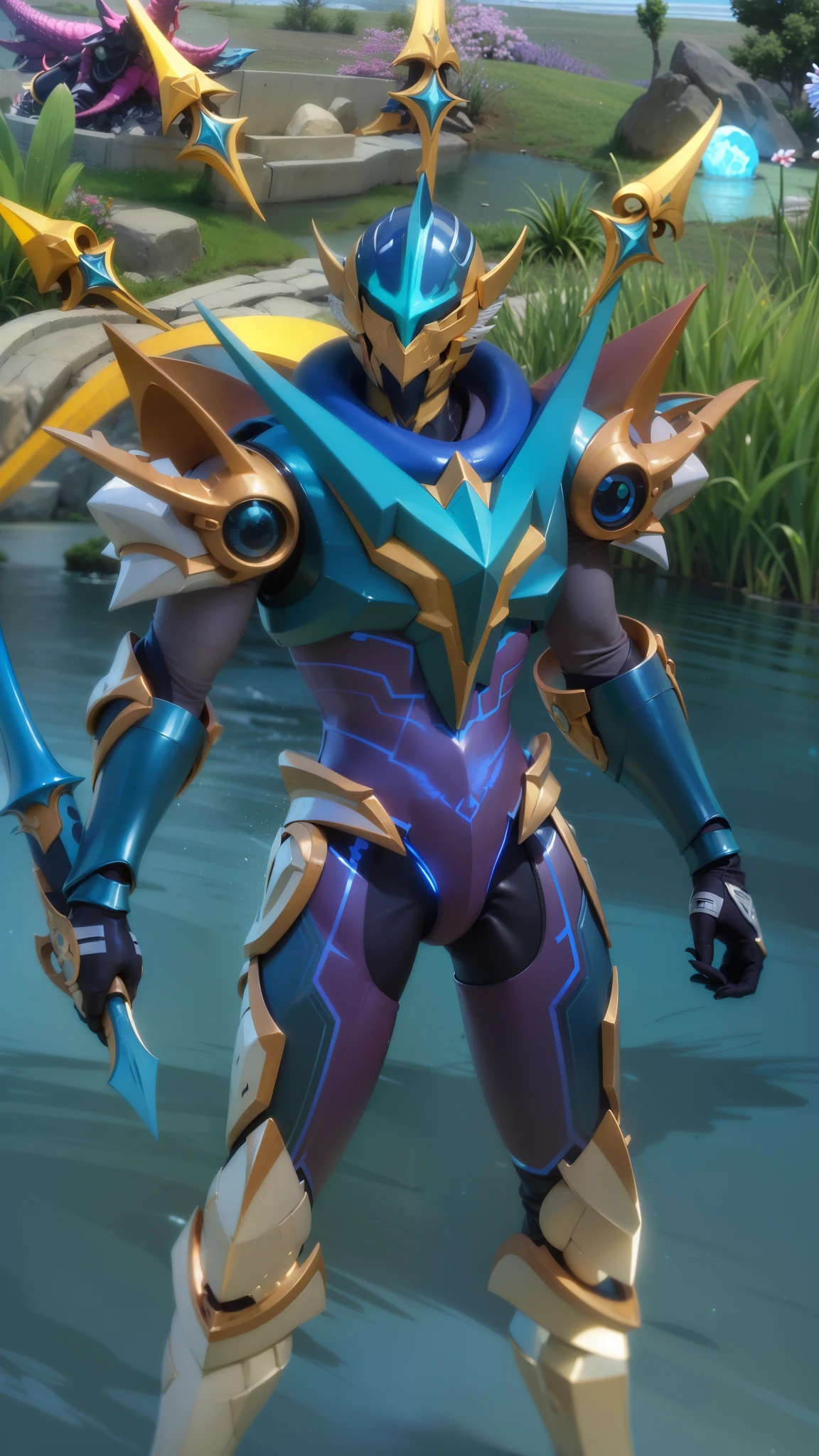 a close up of a person in a costume with a sword, sliver ice color reflected armor, draconic looking armor, energetic varia suit, cyber fight armor, intricate assasin mecha armor, tane skin, epic paladin armor, chrome outfit, water armor, shiny hi tech armor, clothed in ethereal battle armor, scarab reploid, shiny armor, 8k, ultra hd, ultra detailed texture, hyper realistic, masterpiece, detailed texture, detailed face, detailed skin, detailed lighting, (photorealistic:1.5), best quality, beautiful lighting, cinematic lighting, professional lighting, ultra highres, realistic, high quality, (realskin:1.5), extremely detailed, finely detail, ultra-detailed