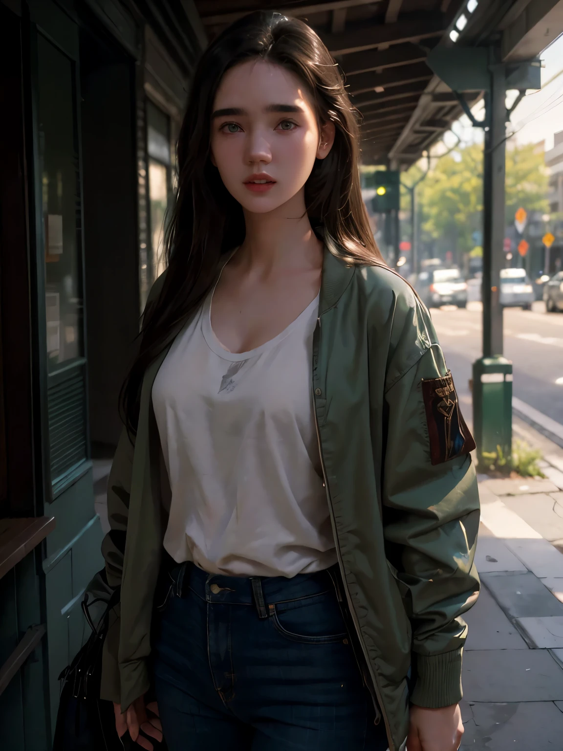Brunette long hair, young, smile , green eyes, white pale skin, ((Jennifer Connelly)), portrait, casual Blue and Brown clothes, (Shy), elegant, gorgeous face, calm neighborhood street , town, High detail RAW colored art, (detailed skin, skin texture), hotel atmosphere, (muscle), (detailed skin, skin texture), intricate details, fine details, hyperdetailed, ray tracing, subsurface scattering, diffuse soft lighting, shallow depth of field, by (Oliver Wetter) Atey Ghailan, by Jeremy Mann, Greg Manchess, Antonio Moro, trend at ArtStation, trend at CGSociety, Intricate, High Detail, Sharp focus, dramatic and photorealistic painting art by midjourney and greg rutkowski, bokeh in the background, green jacket, best quality, masterpiece, only 1girl, Halfbody portrait, outdoor, natural bright ambient, look at the viewer, Brown t-shir, jeans, Blue bomber jacket