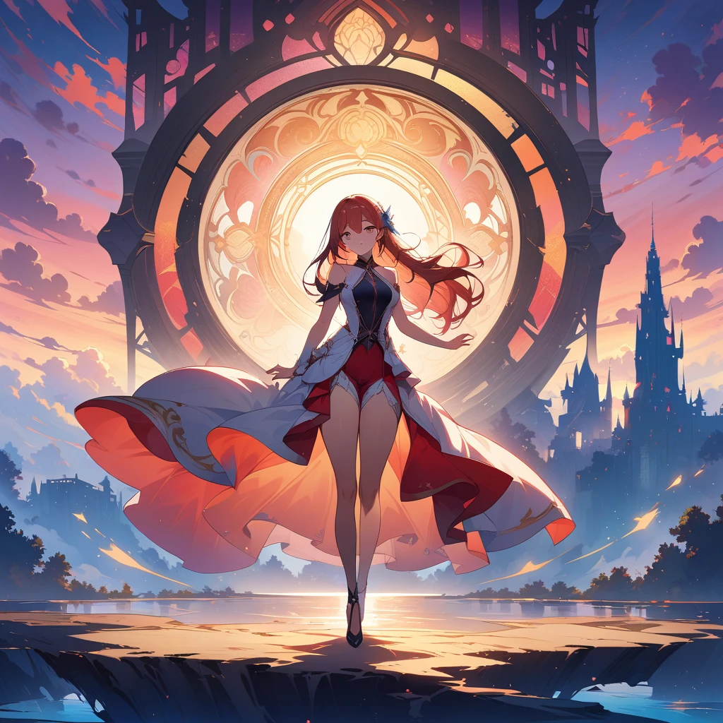 A girl standing in a split position, creating a beautiful silhouette art against the backdrop of a stunning sunset. The image should enhance the beauty of the girl's pose and showcase the intricate details of her body. The art should be a masterpiece, exhibiting the best quality with a 1.2x boost. The girl should be the sole focus of the image, capturing her elegance and grace. The use of multiple exposures can be incorporated to add depth and complexity to the composition. The overall scene should evoke a sense of unity and represent a professional and official artwork. The end result should be a high-resolution 8k wallpaper with vibrant colors and sharp focus, bringing out the beauty of this masterpiece.